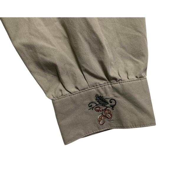 Karen Scot sport nature leaf patch long sleeve button up shirt L brown - Picture 5 of 6